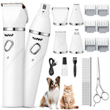 MALLMALL6 Dog Cat Grooming Clippers Kit, 2 Speed Rechargeable 4 in 1 Pet Hair Clipper with Guards, Low Noise Cordless Electric Paw Trimmer Nail Grinder Multifunctional Shaver for Dogs Cats White