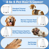 MALLMALL6 Dog Cat Grooming Clippers Kit, 2 Speed Rechargeable 4 in 1 Pet Hair Clipper with Guards, Low Noise Cordless Electric Paw Trimmer Nail Grinder Multifunctional Shaver for Dogs Cats White