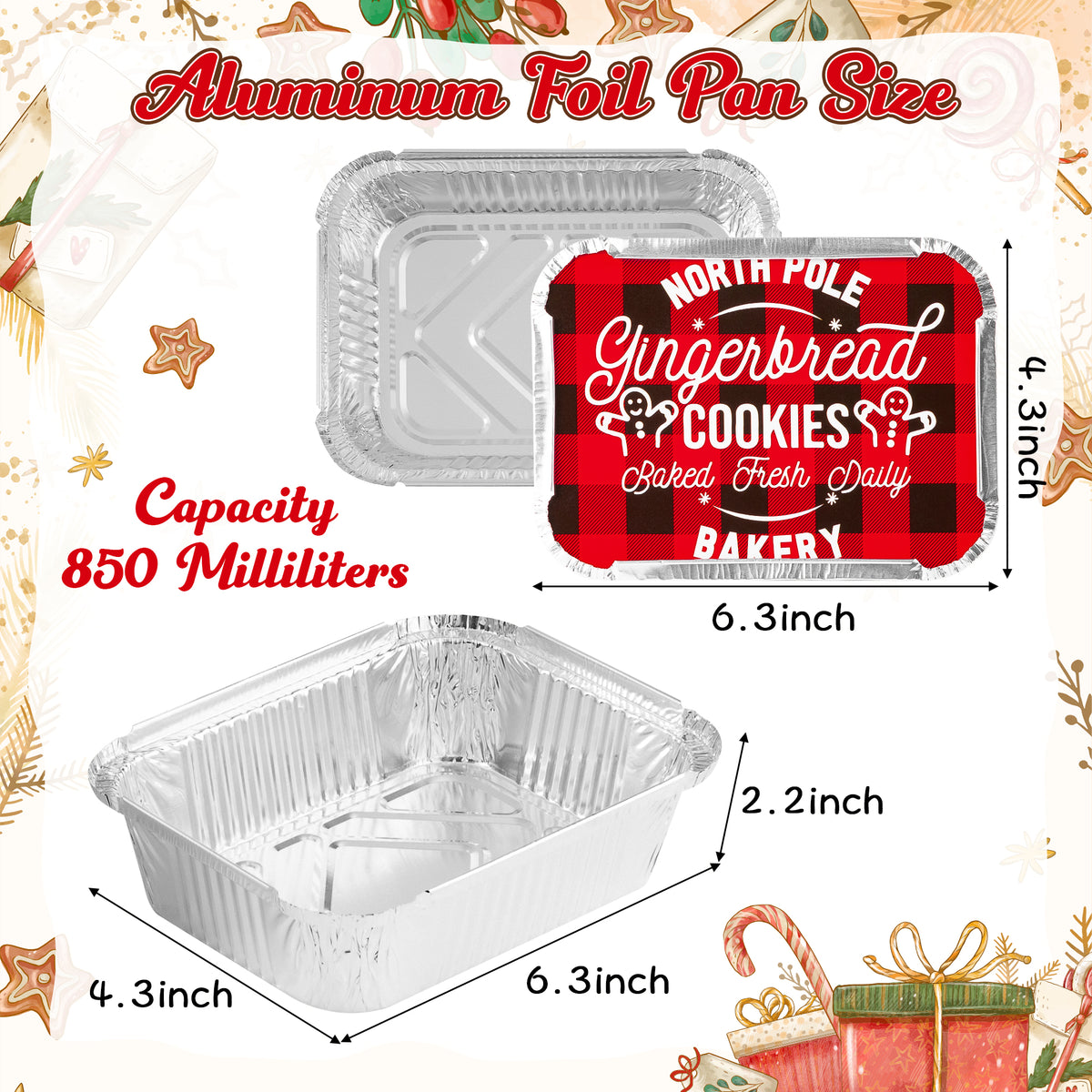 36-Pack Christmas Aluminum Foil Containers With Lids – 6 Holiday Designs For Cookies, Leftovers & Party Food (6.3x4.3x2.2in)