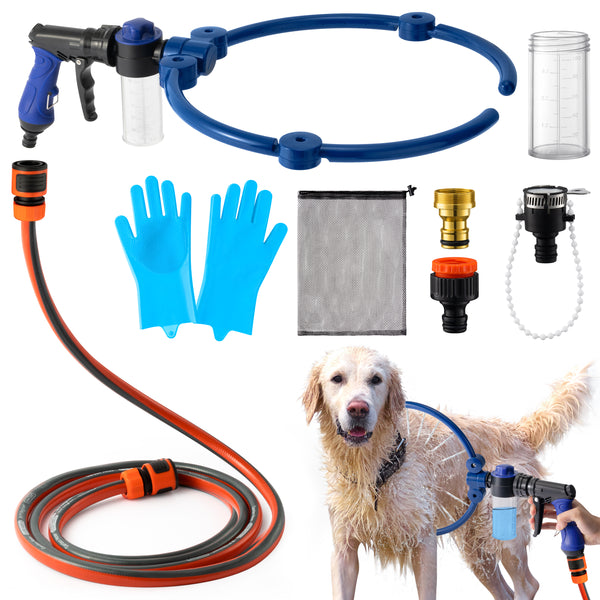 MALLMALL6 Adjustable 360°Dog Washing Hose Attachment with Pet Grooming Glove & 2 100cc Soap Dispenser, Foldable Foam Nozzle Sprayer with 4 Faucet Connectors & 8.2Ft Puppy Washer Hose for Showering