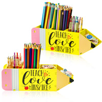 MALLMALL6 2Pack Teacher Appreciation Gifts Pencil Shape Pencil Holder for Teacher, Wooden Desktop Pen Organizer with "TEACH Love INSPIRE" for Xmas End of Year Gift School Office Classroom