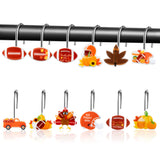 MALLMALL6 12Pcs Fall Rugby Shower Curtain Hooks Thanksgiving Decorative Metal Rustproof Bathroom Pendants Autumn Harvest Decor Accessories with Maple Leaf Pumpkins Helmet Sunflower Curtains Rings