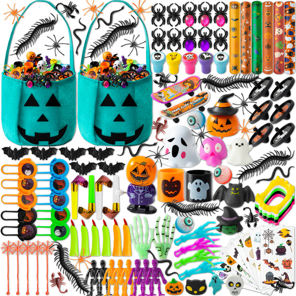 MALLMALL6 136Pcs Halloween Teal Pumpkin Toys Set Party Favors Bulk for Kids Goodie Bags Fillers Halloween Pumpkin Bucket Stuffers for Girl Boy Toy Assortment Prizes Trick or Treat Classroom Supplies