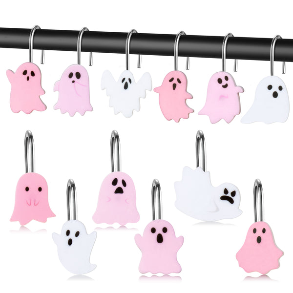 MALLMALL6 Halloween Shower Curtain Hooks - 12Pcs Pink Boo Decorative Hangers Metal Rustproof Bathroom Horror Gothic Decor Pendants Accessories with Cute Ghost Nightmare Spooky Stainless Curtains Rings