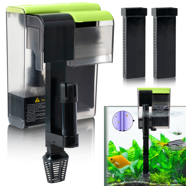 MALLMALL6 Aquarium Filter with U-V Light, Quiet Activated Carbon Biochemical Hang On Back Fish Tank Water Filtration with 2 Adjustable Extension Hose for 10-20 Gallon, 119 GPH 5W Power Oxygen Pump