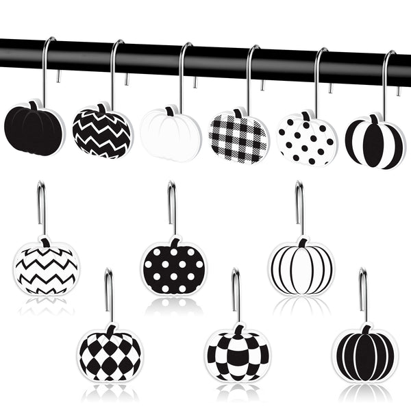 MALLMALL6 Pumpkin Shower Curtain Hooks - 12Pcs Fall Decorative Hangers Metal Rustproof Bathroom Autumn Harvest Thanksgiving Decor Accessories with Black & White Polka Wavy Stainless Curtains Rings