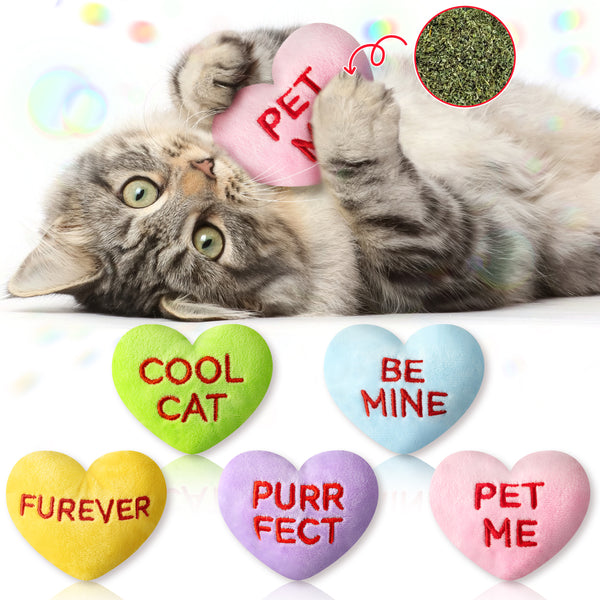 MALLMALL6 5Pcs Valentine’s Day Conversation Heart Candy Catnip Toys for Cat, Catmint Interactive Cat Toy for Indoor Cats, Soft Plush Pet Sweetheart Gift Supplies, Kitten Teething Chew Kick Toy Set