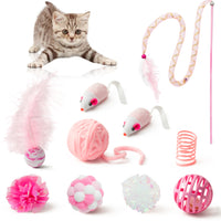 MALLMALL6 10Pcs Cat Toy Set Interactive Cat Toys Pack Including Feather Teaser Wand Cat Springs Mice Crinkle Balls and Pet Bell Balls, Puzzle Toys for Indoor Cats Gift (Pink)