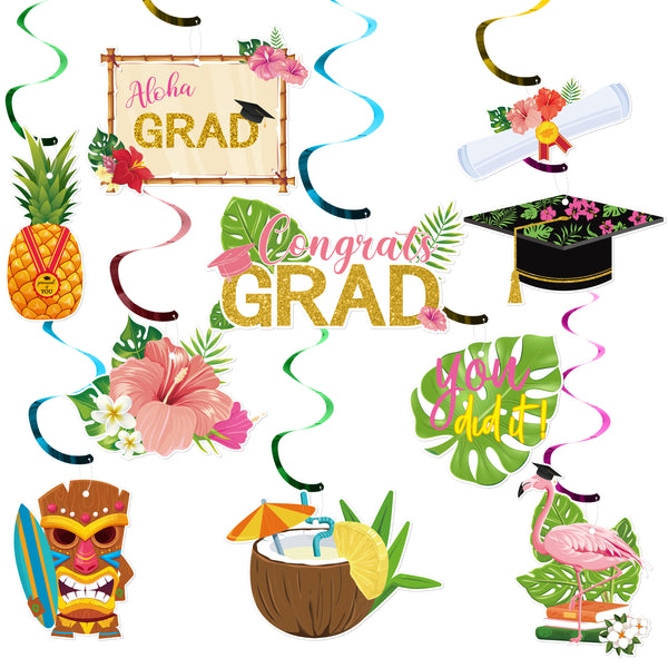 MALLMALL6 30Pcs Hawaii Graduation Party Swirl Decorations Hanging GRAD Swirl with Palm Leaves Pineapples Caps Flamingos, Ceiling Foil Streamers for Graduates Party Decor Supplies Accessories