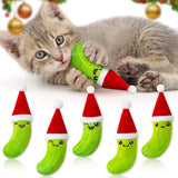MALLMALL6 Catnip Toys for Cat - 5Pcs Christmas Pickle Catmint Interactive Cat Toy for Indoor Cats, Soft Plush with Santa Hat Cat Supplies, Kitten Teething Chew Toy Set, Pet Xmas Gifts for Cat Lover