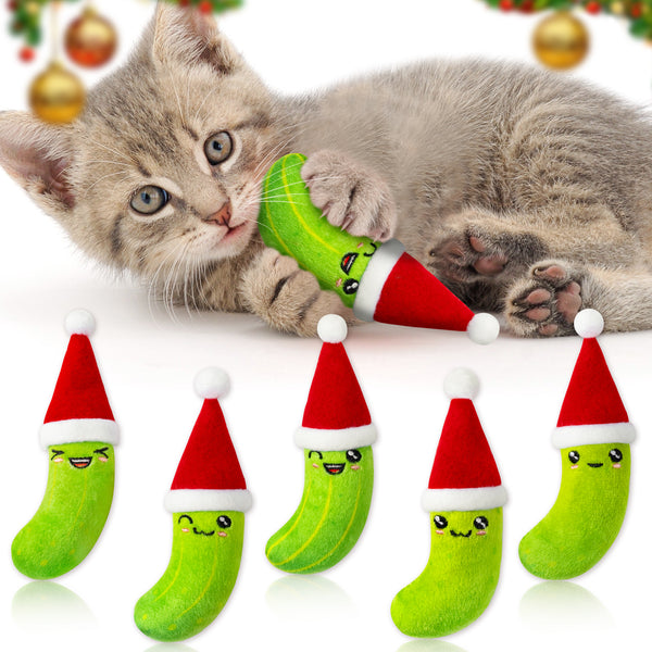 MALLMALL6 Catnip Toys for Cat - 5Pcs Christmas Pickle Catmint Interactive Cat Toy for Indoor Cats, Soft Plush with Santa Hat Cat Supplies, Kitten Teething Chew Toy Set, Pet Xmas Gifts for Cat Lover