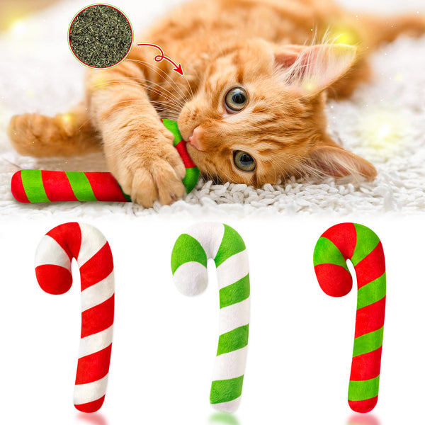 MALLMALL6 3Pcs Christmas Candy Cane Catnip Toys Gift for Cat, Indoor Cat Chew Bite Kick Plush Catmint Pet Toys Supplies for Cat Lover Xmas Gifts, Cute Interactive Cat Toy for Pet Presents (Tricolor)