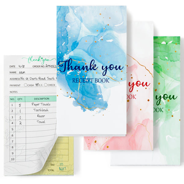 MALLMALL6 3Pcs Thank You Receipt Book Set for Small Businesses, Carbonless Books in 2 Part Duplicate Invoices Sales Orders Purchase Orders Watercolor Cover White Yellow 50 Sets 100 Sheets Per Book