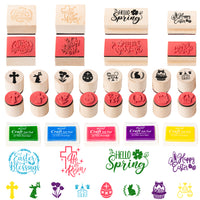 MALLMALL6 17Pcs Easter Wooden Rubber Stamp Craft Ink Pads Easter Day DIY Craft Gift Card Wood Rubber Stamps Printed with “He Is Risen” “Bunny” “Easter Egg” “Spring” Easter Day Stamp for Scrapbook