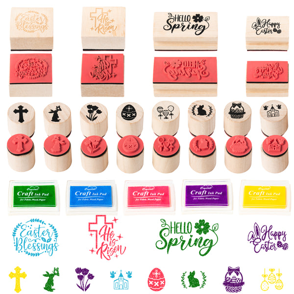 MALLMALL6 17Pcs Easter Wooden Rubber Stamp Craft Ink Pads Easter Day DIY Craft Gift Card Wood Rubber Stamps Printed with “He Is Risen” “Bunny” “Easter Egg” “Spring” Easter Day Stamp for Scrapbook