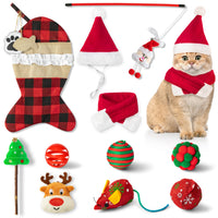 MALLMALL6 11Pcs Christmas Cat Stocking Toys, Santa Hat with Scarf Interactive Cats Toy Pack with Teaser Wand Mice Deer Bells Balls Xmas Tree for Indoor Cat, Hanging Burlap Plaid Fish Sock for Pet