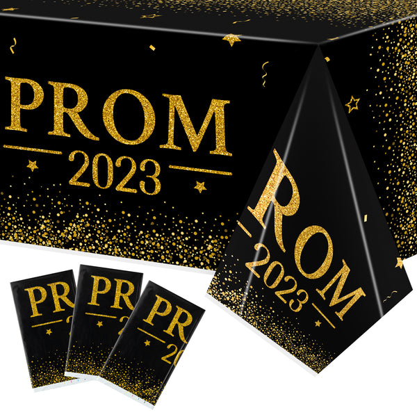 MALLMALL6 3 Pieces Prom 2023 Gold Party Tablecloths for Graduates Congrats Graduation Party Supplies Decorations Table cloth, Plastic Table Cover Black and Gold for Grad Party Decors, 86×51 inch