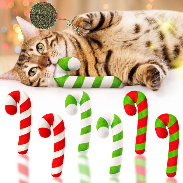 MALLMALL6 6Pcs Christmas Candy Cane Catnip Toys Gift for Cat, Indoor Cat Chew Bite Kick Plush Catmint Pet Toys Supplies for Cat Lover Xmas Gifts, Cute Interactive Cat Toy for Pet Presents (Tricolor)