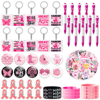 MALLMALL6 100Pcs Breast Cancer Awareness Accessories Set Pink Ribbon Stuff Support with Buttons Badges Pin Silicone Bracelets Keychains Stickers Pen for Girl Women Gift Party Favors Parade Sports