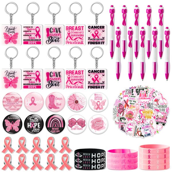 MALLMALL6 100Pcs Breast Cancer Awareness Accessories Set Pink Ribbon Stuff Support with Buttons Badges Pin Silicone Bracelets Keychains Stickers Pen for Girl Women Gift Party Favors Parade Sports