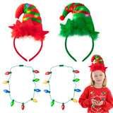 MALLMALL6 4Pcs Christmas Led Elf Hat and Bulb Necklace Set, Ugly Sweater Xmas Party Kit Holiday Light Up Elf Headbands Necklace for Kids Adults, Elf Costume Hats Headwear for Santa Accessory