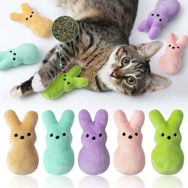 MALLMALL6 5Pcs Easter Bunny Catnip Toys Gift for Cat, Indoor Cat Chew Bite Kick Plush Colorful Rabbit Peeps Catmint Pet Toys for Cat Lover Gifts, Cute Interactive Cat Toy for Pet Presents