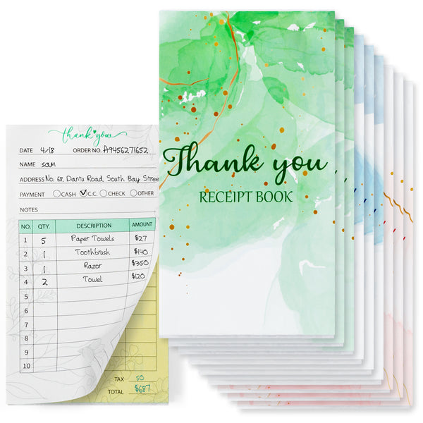 MALLMALL6 9Pcs Thank You Receipt Book Set for Small Businesses, Carbonless Books in 2 Part Duplicate Invoices Sales Orders Purchase Orders Watercolor Cover White Yellow 50 Sets 100 Sheets Per Book