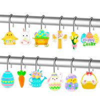 MALLMALL6 12Pcs Easter Shower Curtain Hooks Hangers Decorative Metal Rustproof Bathroom Room Pendants Decor Accessories with Bunny Happy Easter Egg Carrot Flower Chick Rabbit Stainless Curtains Rings