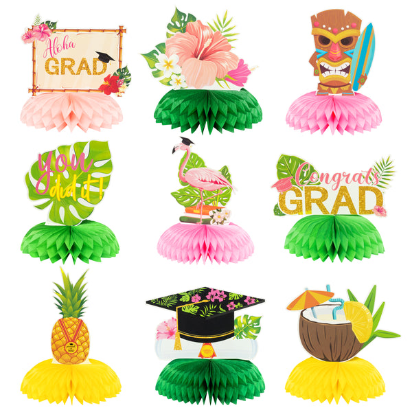 MALLMALL6 9Pcs Hawaii Grad Honeycomb Centerpieces Congrats Graduation Photo Booth Props Class of 2023 Party Supplies Decorations, Table Topper Decor with Palm Leaves, Graduation Caps for Graduates