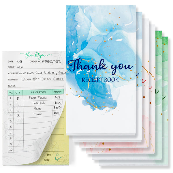 MALLMALL6 6Pcs Thank You Receipt Book Set for Small Businesses, Carbonless Books in 2 Part Duplicate Invoices Sales Orders Purchase Orders Watercolor Cover White Yellow 50 Sets 100 Sheets Per Book