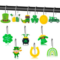 MALLMALL6 12Pcs St Patrick's Day Shower Curtain Hooks, Metal Rustproof Stainless Curtain Rings Decorative Pendants with Shamrock Coin Leprechauns Hat for Irish Bathroom Bedroom Room Decor Accessories