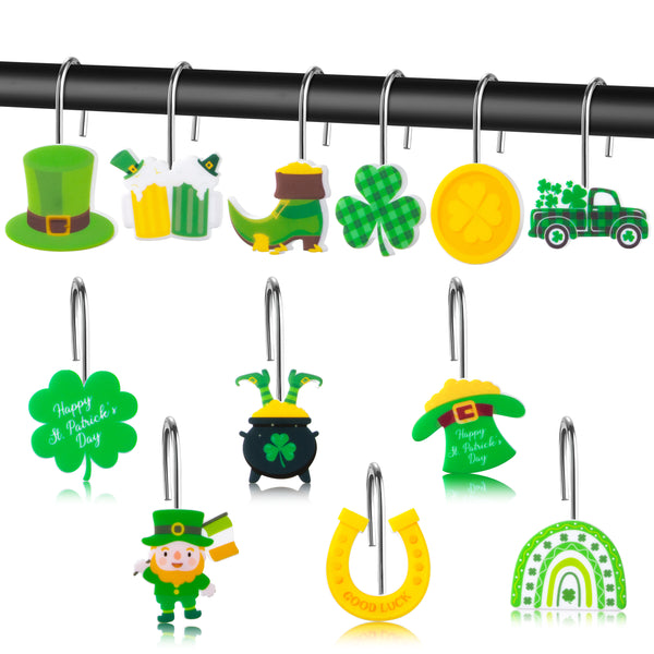 MALLMALL6 12Pcs St Patrick's Day Shower Curtain Hooks, Metal Rustproof Stainless Curtain Rings Decorative Pendants with Shamrock Coin Leprechauns Hat for Irish Bathroom Bedroom Room Decor Accessories