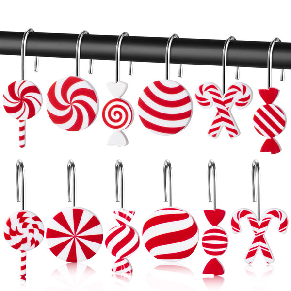 MALLMALL6 12Pcs Christmas Candy Shower Curtain Hooks Decorative Metal Rustproof Bathroom Room Pendants Xmas Holiday Decor Accessories with Red White Candy Cane Swirl Lollipop Stainless Curtains Rings