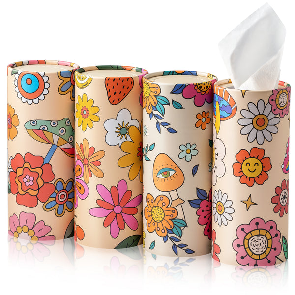 MALLMALL6 4 Pack Vintage Boho Car Tissue Holder with Facial Tissues Bulk, Tissue Tubes for Car, Mushroom Tissues Cylinder Travel Tissues Boxes for Car Cup Holder Round Container Bathroom Living Room