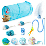 MALLMALL6 11Pcs Cat Toy Set Interactive Cat Toys Pack with Foldable Blue Tunnel Feather Teaser Wand Cat Springs Mice Crinkle Balls and Pet Bell Balls, Puzzle Toys for Indoor Cats Gift (Blue)