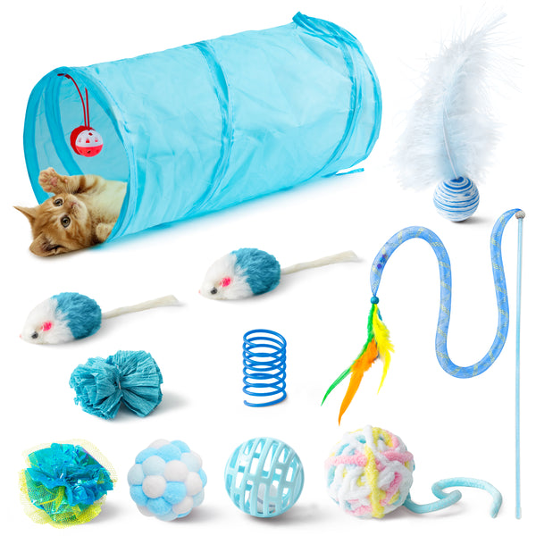 MALLMALL6 11Pcs Cat Toy Set Interactive Cat Toys Pack with Foldable Blue Tunnel Feather Teaser Wand Cat Springs Mice Crinkle Balls and Pet Bell Balls, Puzzle Toys for Indoor Cats Gift (Blue)