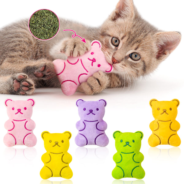 MALLMALL6 Catnip Toys for Cat - 5Pcs Gummy Colorful Bear Catmint Interactive Cat Toy for Indoor Cats, Soft Plush Candy Cat Supplies, Kitten Teething Chew Toy Set, Cute Pet Gifts for Cat Lover