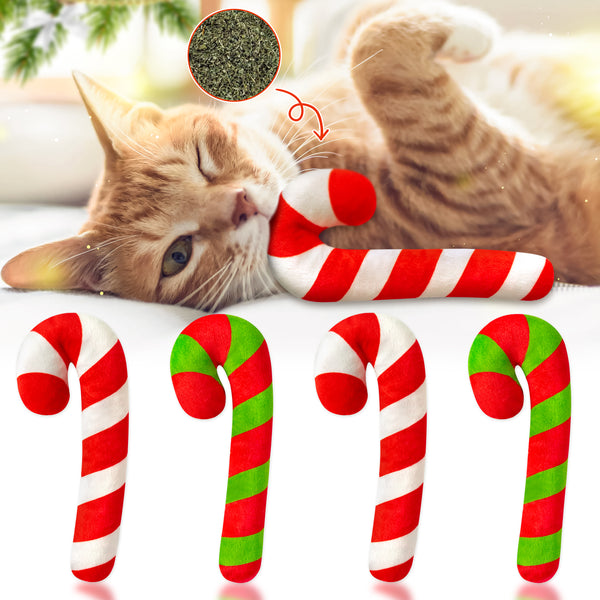 MALLMALL6 4Pcs Christmas Candy Cane Catnip Toys Gift for Cat, Indoor Cat Chew Bite Kick Plush Catmint Pet Toys Supplies for Cat Lover Xmas Gifts, Cute Interactive Cat Toy for Pet Presents