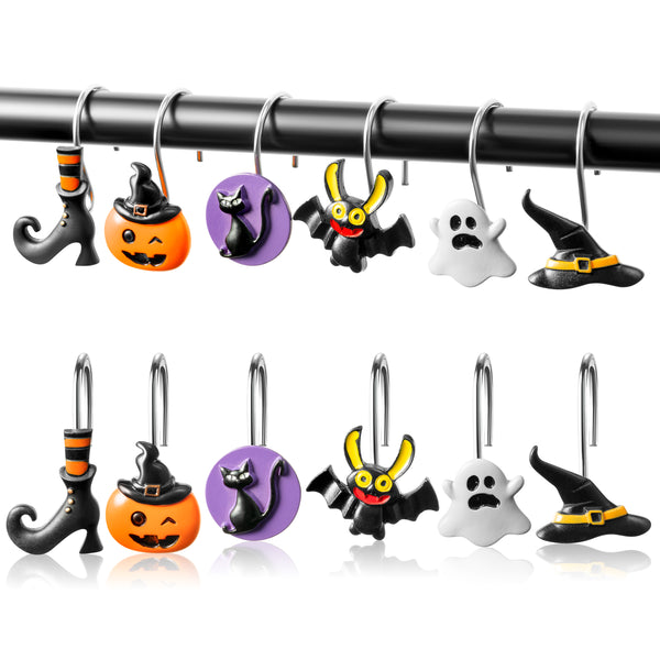 MALLMALL6 12Pcs Halloween Shower Curtain Hooks Hangers Horror Gothic Decorative Metal Rustproof Bathroom Pendants Decor Accessories with Pumpkins Bats Ghost Black Cat Witch Hat Shoes Curtains Rings