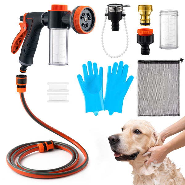 MALLMALL6 Dog Washing Hose attachment with Pet Grooming Glove & 2 Soap Dispenser, 10-in-1 Spray Modes Foam Nozzle Sprayer with 8.2Ft Pup Washer Hose for Showering Pets Car Wash Watering Flowers