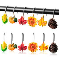 MALLMALL6 12Pcs Fall Shower Curtain Hooks Thanksgiving Plant Decorative Metal Rustproof Bathroom Pendants Autumn Decor Accessories with Maple Leaf Pumpkins Pinecones Sunflower Corn Curtains Rings