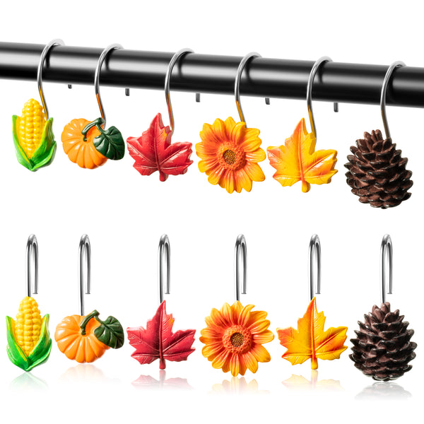 MALLMALL6 12Pcs Fall Shower Curtain Hooks Thanksgiving Plant Decorative Metal Rustproof Bathroom Pendants Autumn Decor Accessories with Maple Leaf Pumpkins Pinecones Sunflower Corn Curtains Rings