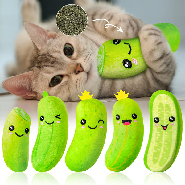 MALLMALL6 5Pcs Pickle Cucumber Catnip Toys for Cat, Indoor Cat Chew Bite Kick Plush Catmint Pet Toys Supplies for Cat Lover Gifts, Interactive Cat Toy with Cute Expression for Pet Presents