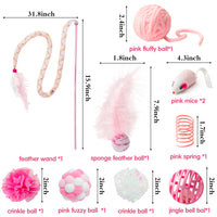 MALLMALL6 10Pcs Cat Toy Set Interactive Cat Toys Pack Including Feather Teaser Wand Cat Springs Mice Crinkle Balls and Pet Bell Balls, Puzzle Toys for Indoor Cats Gift (Pink)