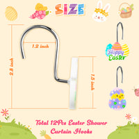 MALLMALL6 12Pcs Easter Shower Curtain Hooks Hangers Decorative Metal Rustproof Bathroom Room Pendants Decor Accessories with Bunny Happy Easter Egg Carrot Flower Chick Rabbit Stainless Curtains Rings