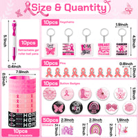 MALLMALL6 100Pcs Breast Cancer Awareness Accessories Set Pink Ribbon Stuff Support with Buttons Badges Pin Silicone Bracelets Keychains Stickers Pen for Girl Women Gift Party Favors Parade Sports