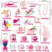 MALLMALL6 Cat Interactive Toys Set - 27Pcs Kitten Toys Stuff Pink Feather Teaser Wand Springs Mice Sisal Fish Crinkle Balls Bell Balls, Puzzle Gift Pack for Indoor Kitty Play Exercise