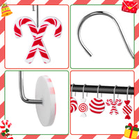 MALLMALL6 12Pcs Christmas Candy Shower Curtain Hooks Decorative Metal Rustproof Bathroom Room Pendants Xmas Holiday Decor Accessories with Red White Candy Cane Swirl Lollipop Stainless Curtains Rings