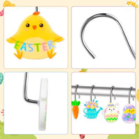 MALLMALL6 12Pcs Easter Shower Curtain Hooks Hangers Decorative Metal Rustproof Bathroom Room Pendants Decor Accessories with Bunny Happy Easter Egg Carrot Flower Chick Rabbit Stainless Curtains Rings