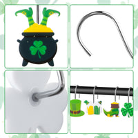 MALLMALL6 12Pcs St Patrick's Day Shower Curtain Hooks, Metal Rustproof Stainless Curtain Rings Decorative Pendants with Shamrock Coin Leprechauns Hat for Irish Bathroom Bedroom Room Decor Accessories